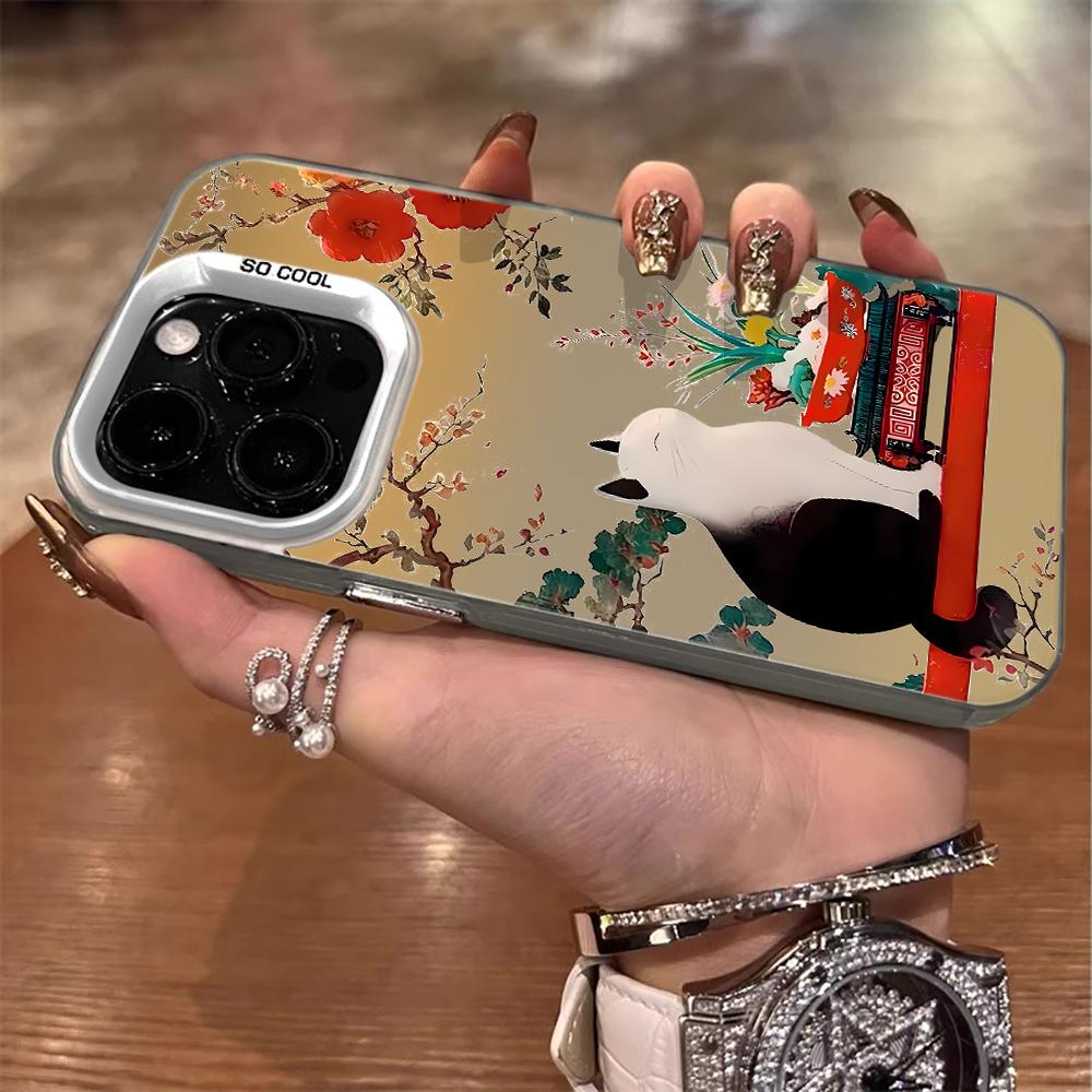 Elegant Chinese Garden Cat Ink Case For iPhone 17 Air 16 E 15 14 13 12 11 Pro Max 8 Plus X IMD Colored Silver Camera Frame Cover