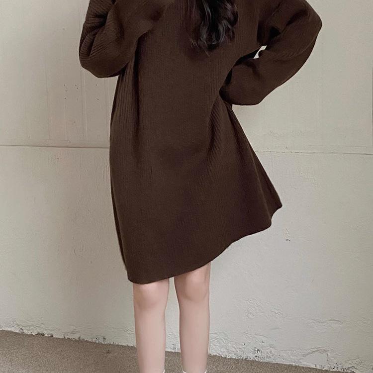 Korean Style High Neck Loose Sweater Dress - Petite Medium Length, Autumn/Winter
