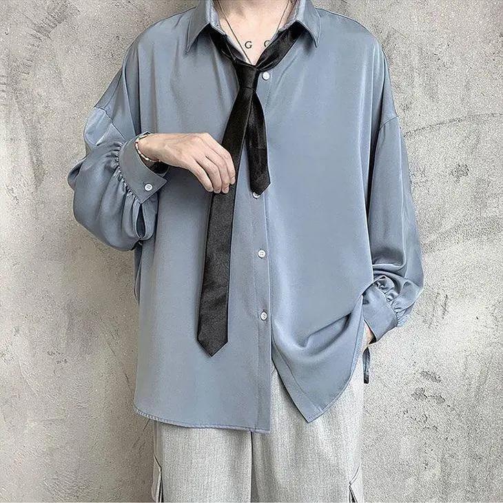 Spring Autumn Free Tie Long-sleeved Shirts Men Comfortable Blouses Casual Loose Single Breasted Shirt Men's T-shirt