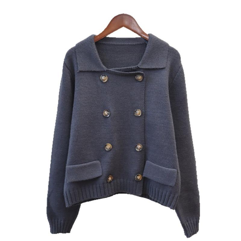 Premium lapel double-breasted sweater jacket women's autumn and winter new retro loose solid color knitted cardigan