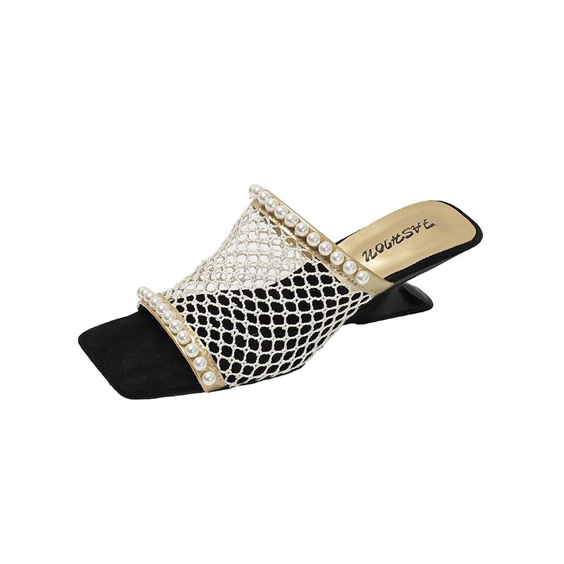 Fashion Mesh Fashion Slippers Women's Pearl Decoration Elegant Square Toe Women's Shoes 2025 Summer New High Heels Dress Pump Sandals