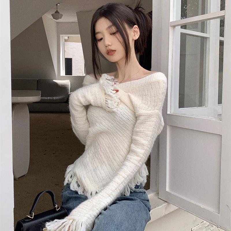 Pulovr s nepravidelnými střapci Podzimní Elegantní žena Jedinečný design Tenký svetr s dlouhým rukávem Trendy Street Jednobarevný Top