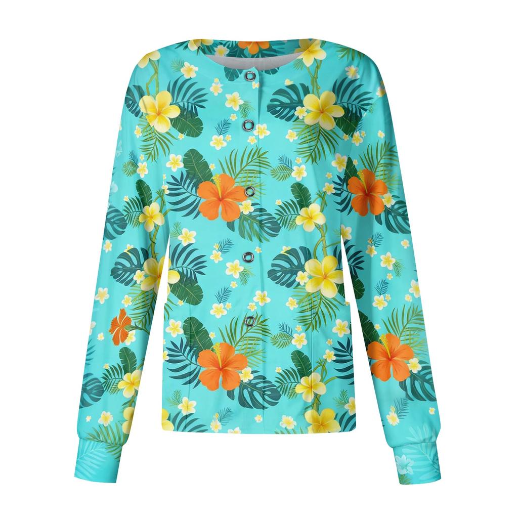 Women's Casual Long Sleeve Single Breasted Hawaiian Print Caregiver Jacket Cardigan Top Lightweight Button Up Shirt for Work
