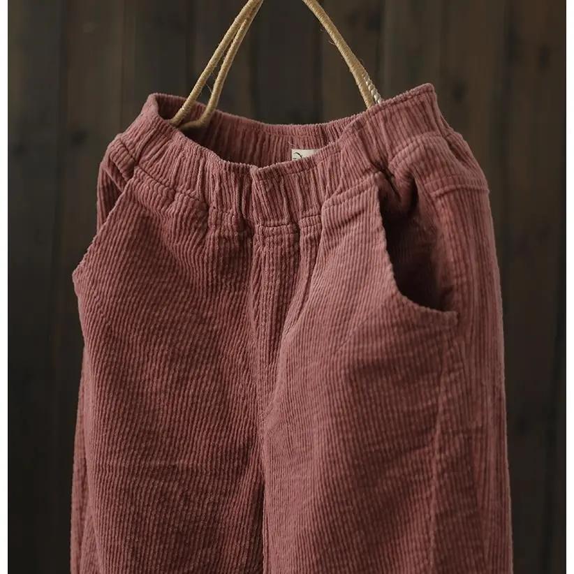 Corduroy Trousers for Women Elastic Waistband, Solid Color Trousers Autumn Spring Women Casual Trousers with Fabric Pockets