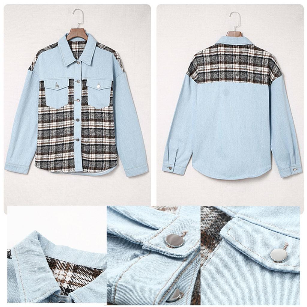 Women Plaid Button Long Sleeve Denim Jacket Fashion Plaid Stitching Jacket
