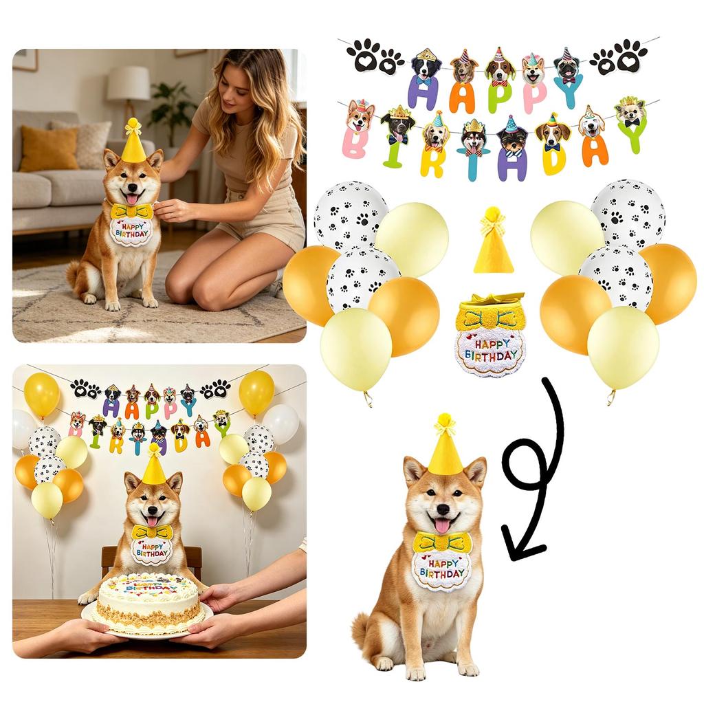 Pet Birthday Party Decoration Kit Includes Happy Birthday Banner with Dog Faces Paw Print Balloons Party Hat and Birthday Bib for Pets