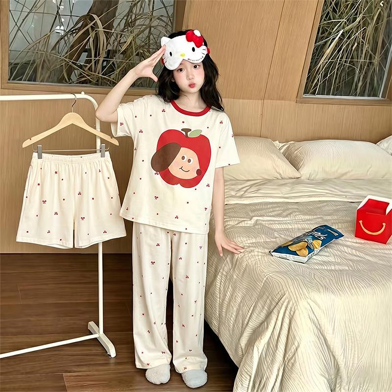 Girls' Cartoon Pajama Set - Short Sleeve, Long Pants, 3-Piece Summer Sleepwear for Kids