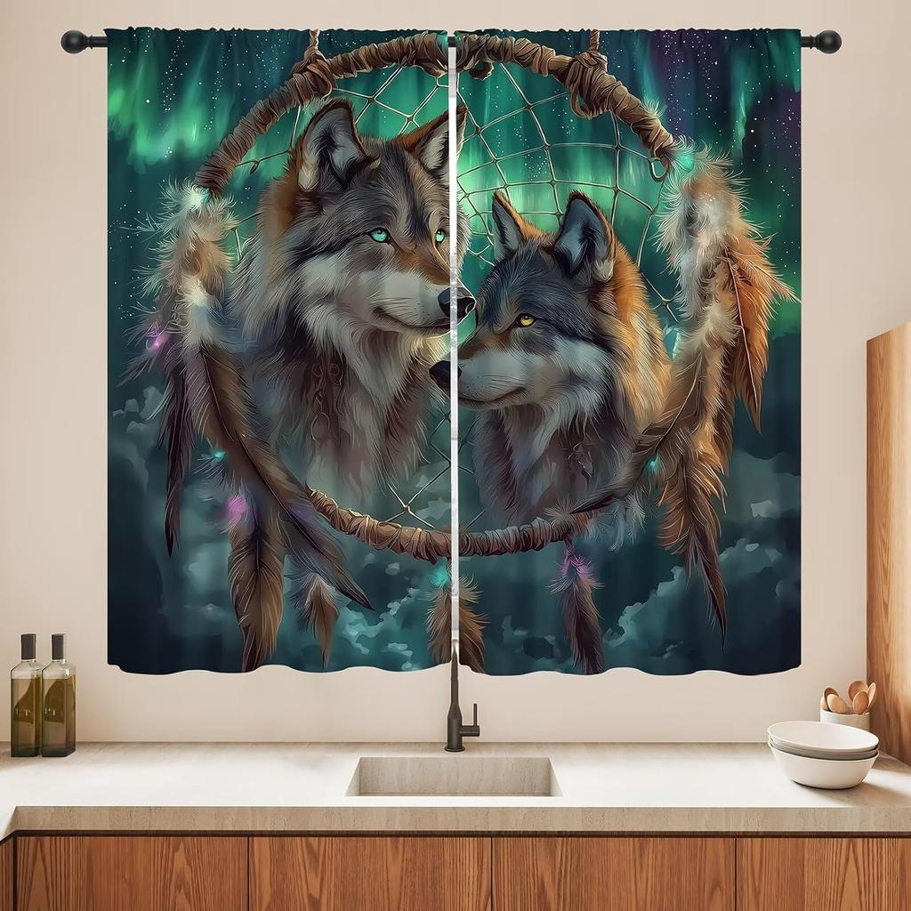 Blackout Wolf Curtains Retro Nature Wildlife Drapes Aurora Forest Wolves Animal Pattern Window Treatments Curtain Living Made Of Polyester Washable