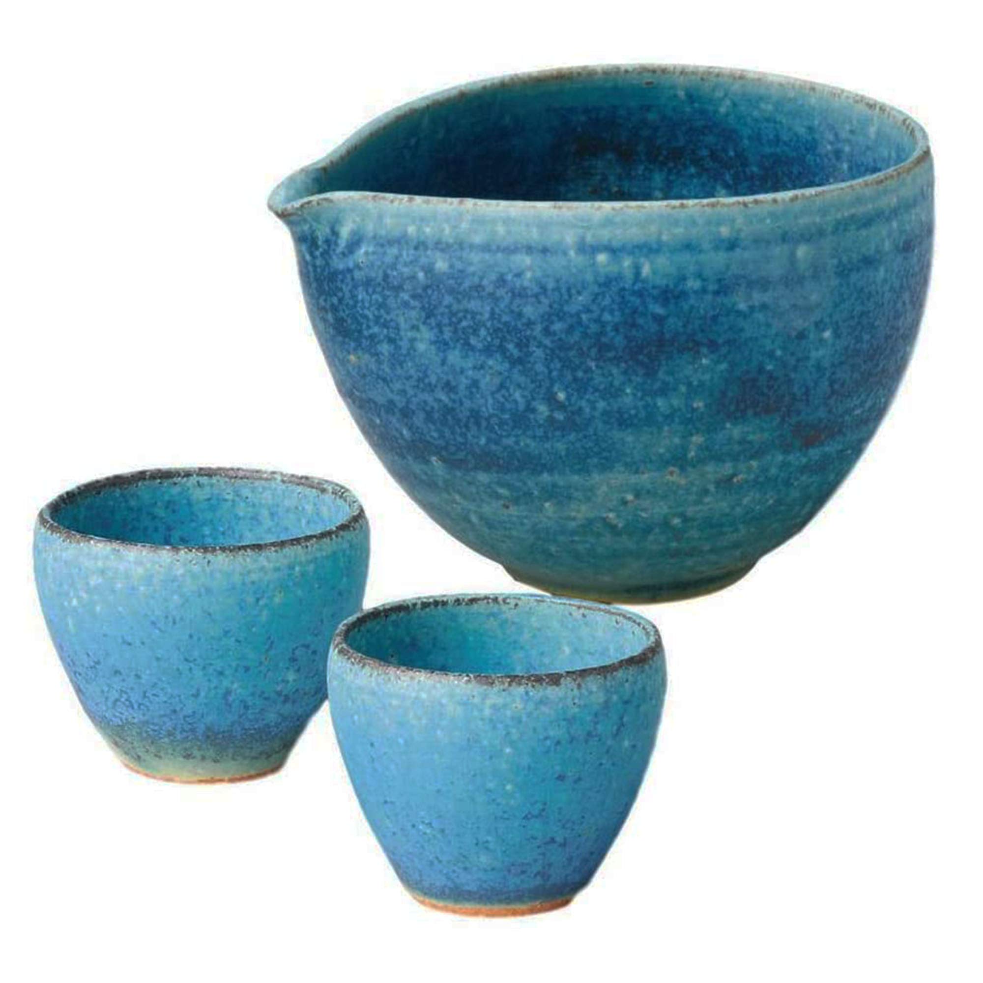 

Marui Seito Shigaraki Ware Hechimon Tokkuri and Ochoko Set with Blue Made in Glaze, Japan, MR-3-3144