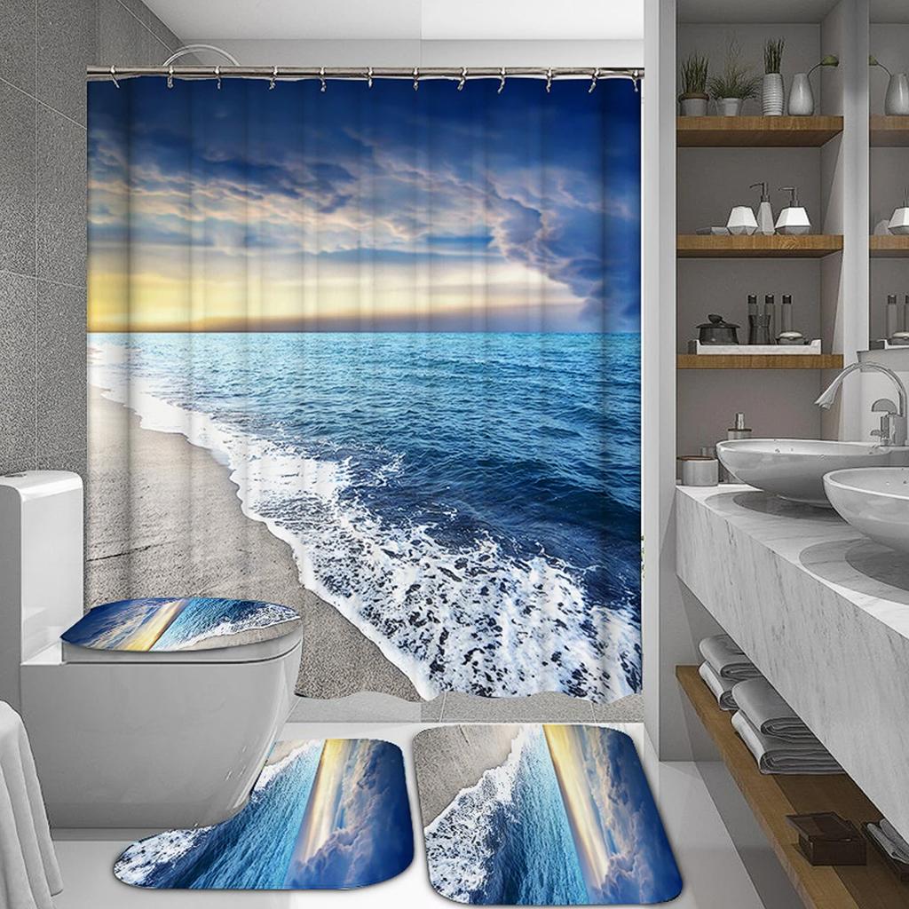 Coastal Beach Scenery 3D Printing Waterproof Shower Curtain Set Pedestal Rug Lid Toilet Cover Mat Bathroom Set With 12 Hooks