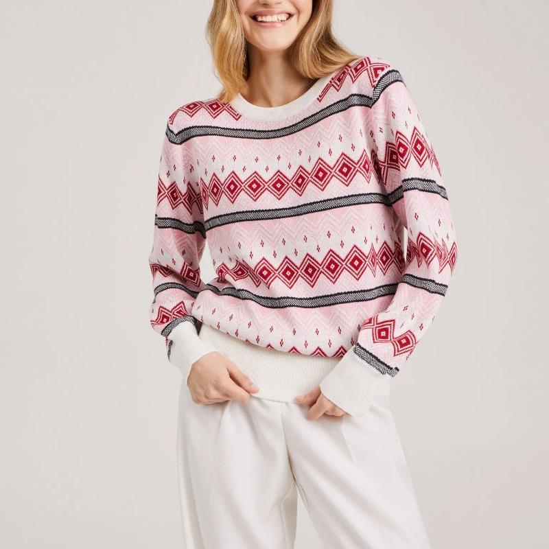 

Новый осенне-зимний жаккардовый женский вязаный свитер с круглым вырезом, длинный рукав, свободный топ, женский теплый свитер L розовый