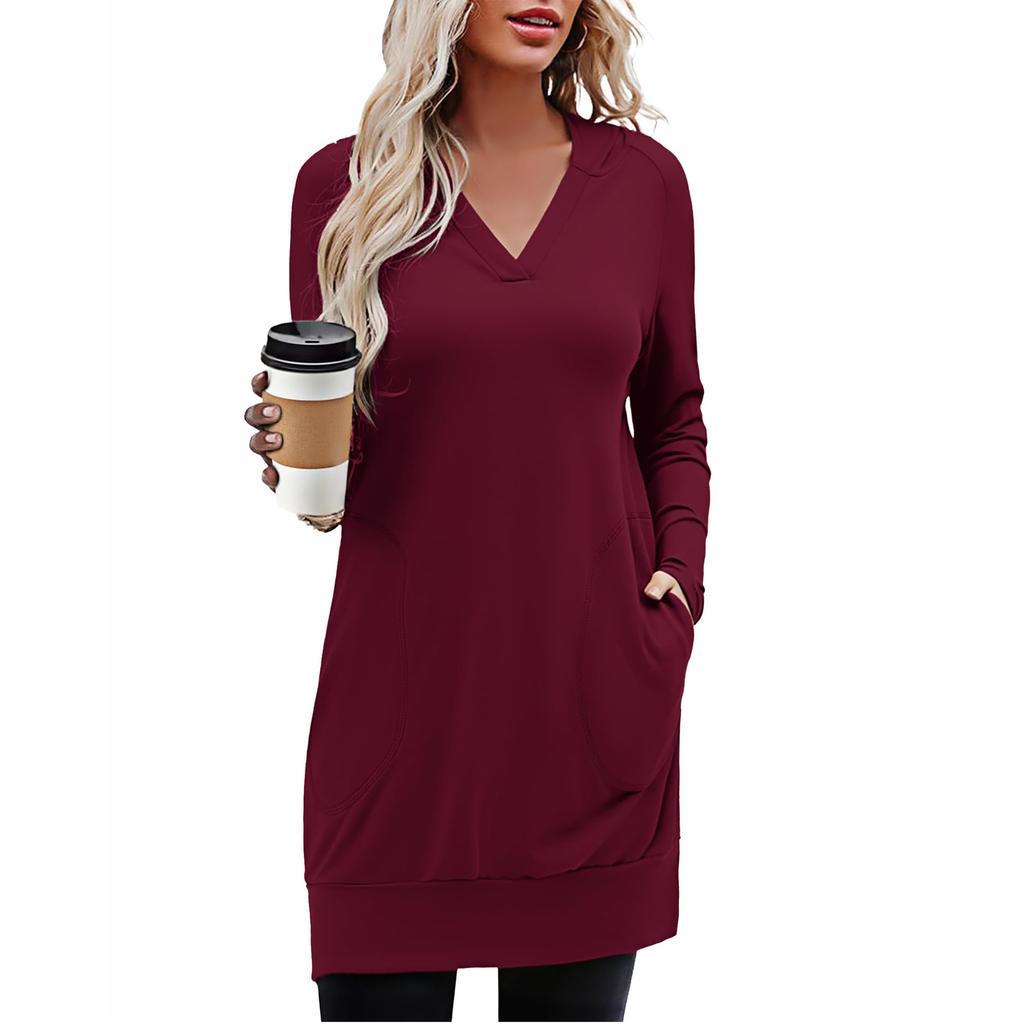 Wome's Oversized Hooded Dress For Women, Casual, Long Sleeves, V-neck, Hoodie With Pockets