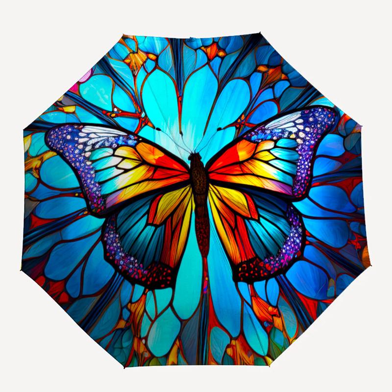 Kolorowa witrażowa motylkowa parasolka, Przenośna, kompaktowa, 3-składana parasolka dla mężczyzn i kobiet, S283