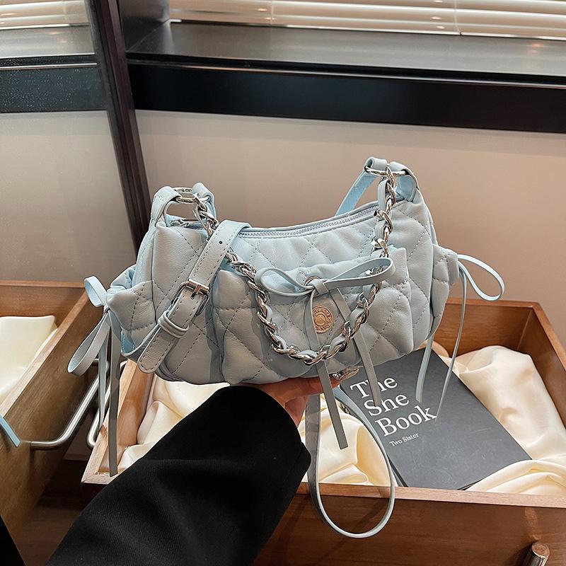 Geantă pentru subrat cu lanț texturat pentru femei, cu fundă nouă, la modă, cu un singur umăr, genți de mână pentru femei, retro, ocazional pentru navetă.