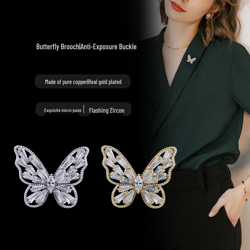 Exquisite Zircon Butterfly Brooch - Women's High-End Lapel Pin with Anti-exposure No-Sew Button
