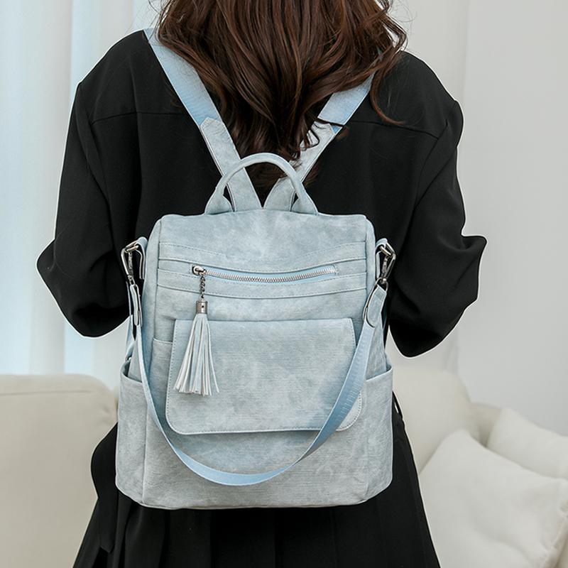 Women's Soft Leather Backpack Large Capacity Student Commuter Schoolbag Tassel Travel Backpack