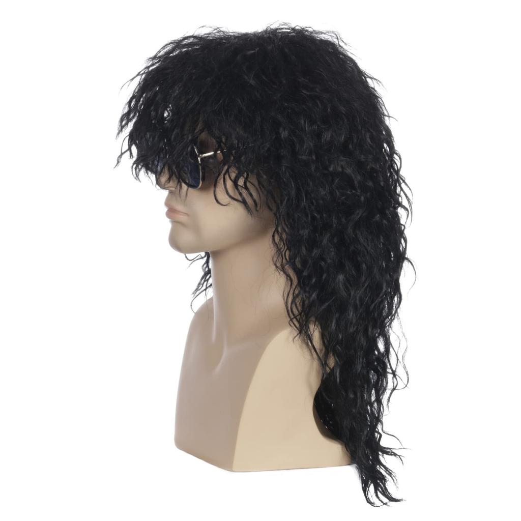 YOVEKAT Halloween Men's Black 80s Rocker Heavy Metal Punk Curly Wig Cosplay Costume Fancy Dress for Party