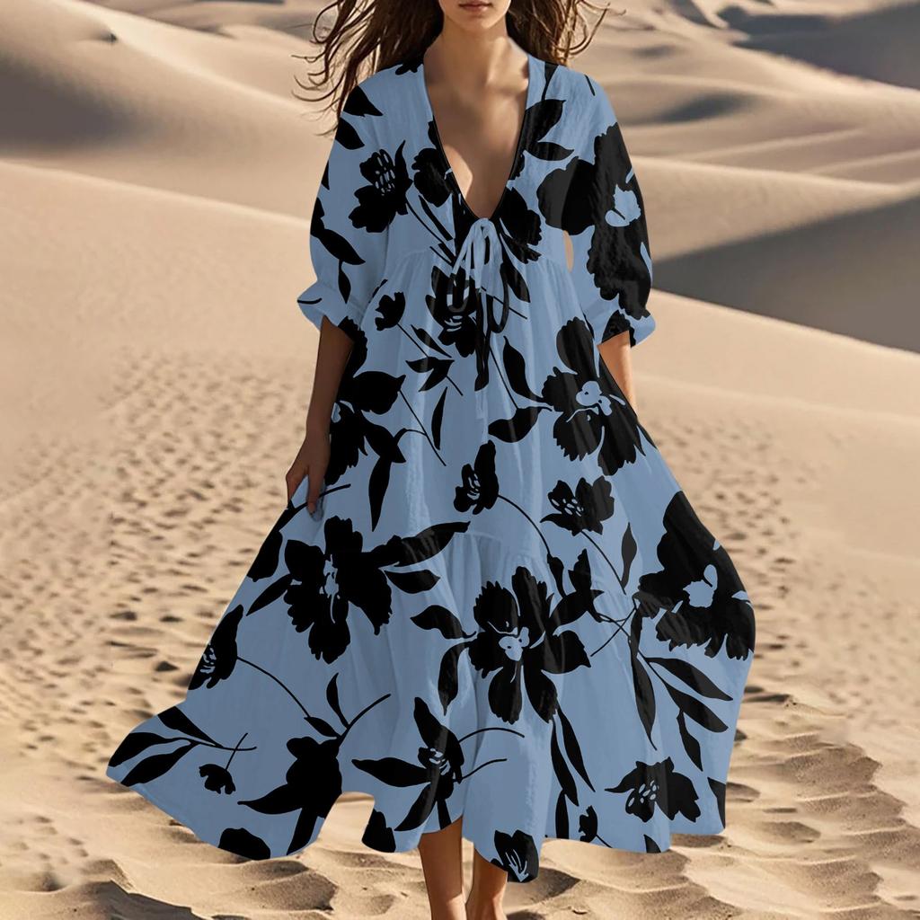 Damska Letnia Moda Sukienka Plażowa Długa z Dekoltem V Vintage Sukienki Szyte z Koronki z Nadrukiem Kwiatowym