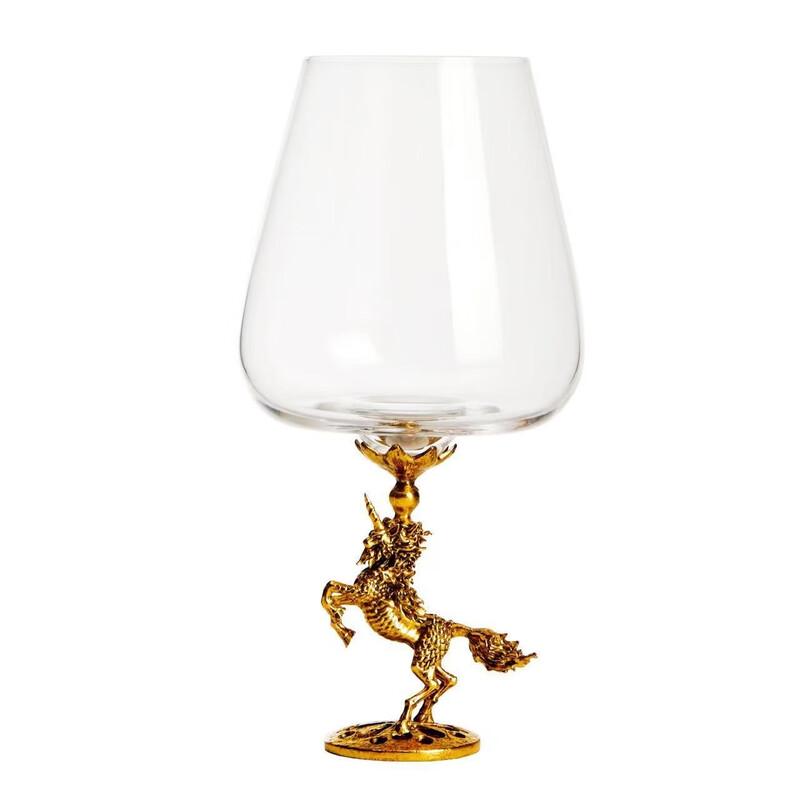 Art Crystal Red Wine Glass with Golden Unicorn Base