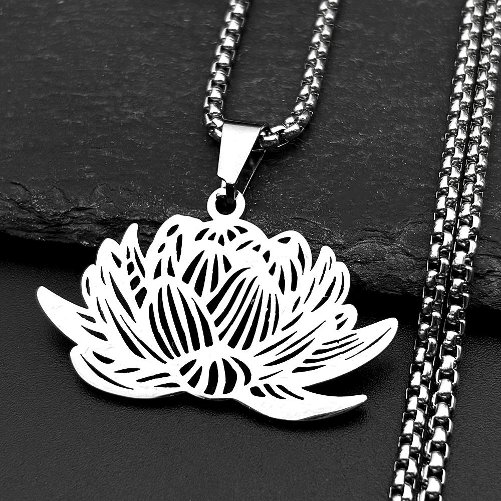 Hollow Yoga Lotus Flower Stainless Steel Pendant Necklace for Women Men Spiritual Buddhist Symbol Chain Amulet Jewelry Gift