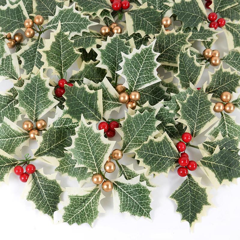 10 Stück Künstliche Stechpalmenbeeren mit Blättern Weihnachten DIY Kranz Basteln Heimdekoration Weihnachtsbaumschmuck Blume Neujahrsgeschenk