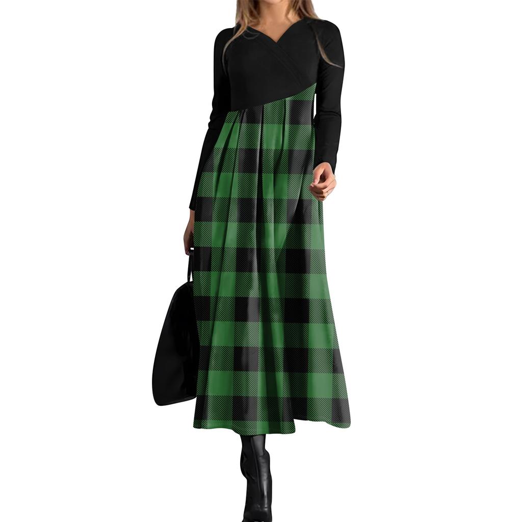 Dámské ležérní šaty s dlouhým rukávem s výstřihem do V, kostkovaným potiskem, stahovací kapsou v pase a velkými swingovými šaty