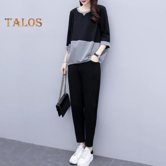 2 ks/sada Dámské tričko Kalhoty Set Sportovní oblečení Colorblock Top s kulatým výstřihem Poloviční rukáv Top Elastický pas Dlouhé Kalhoty Běžné kalhoty Top na dojíždění