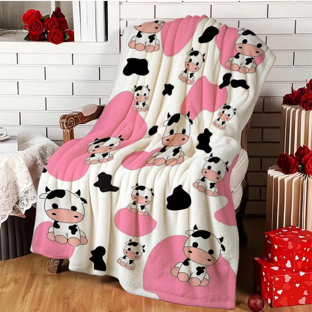1 Flannel Blanket as a Holiday Gift, Cute Cow and Black Spot Design- Soft and Comfortable in Light Beige, Suitable for Home Use