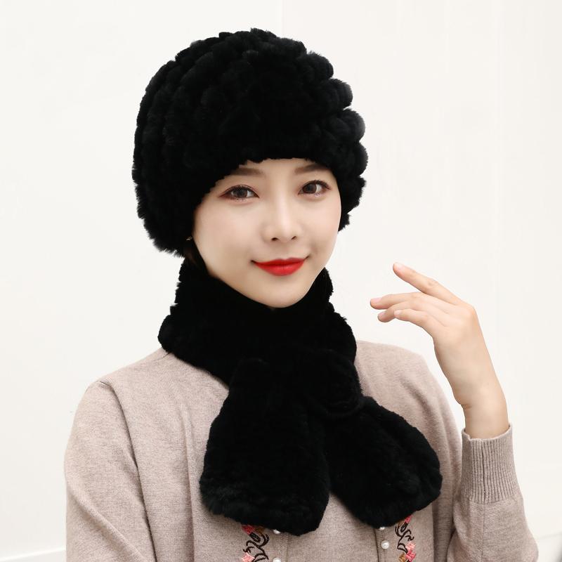 Winter Knitted 100% Natural Fur Hats Scarves Sets Women Warm Real Rex Rabbit Fur Hat Scarf Lady Fashion Thick Rex Rabbit Fur Hat