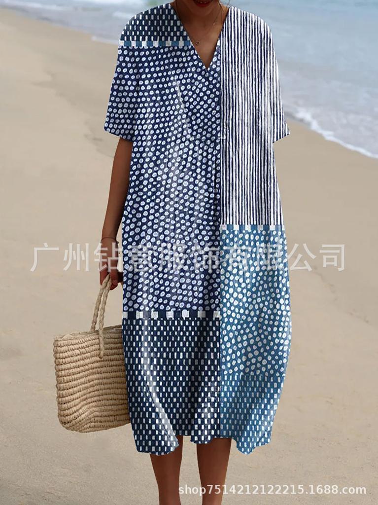 New Loose Casual Comfortable V-neck Digital Printing Pleated Large Version Dress