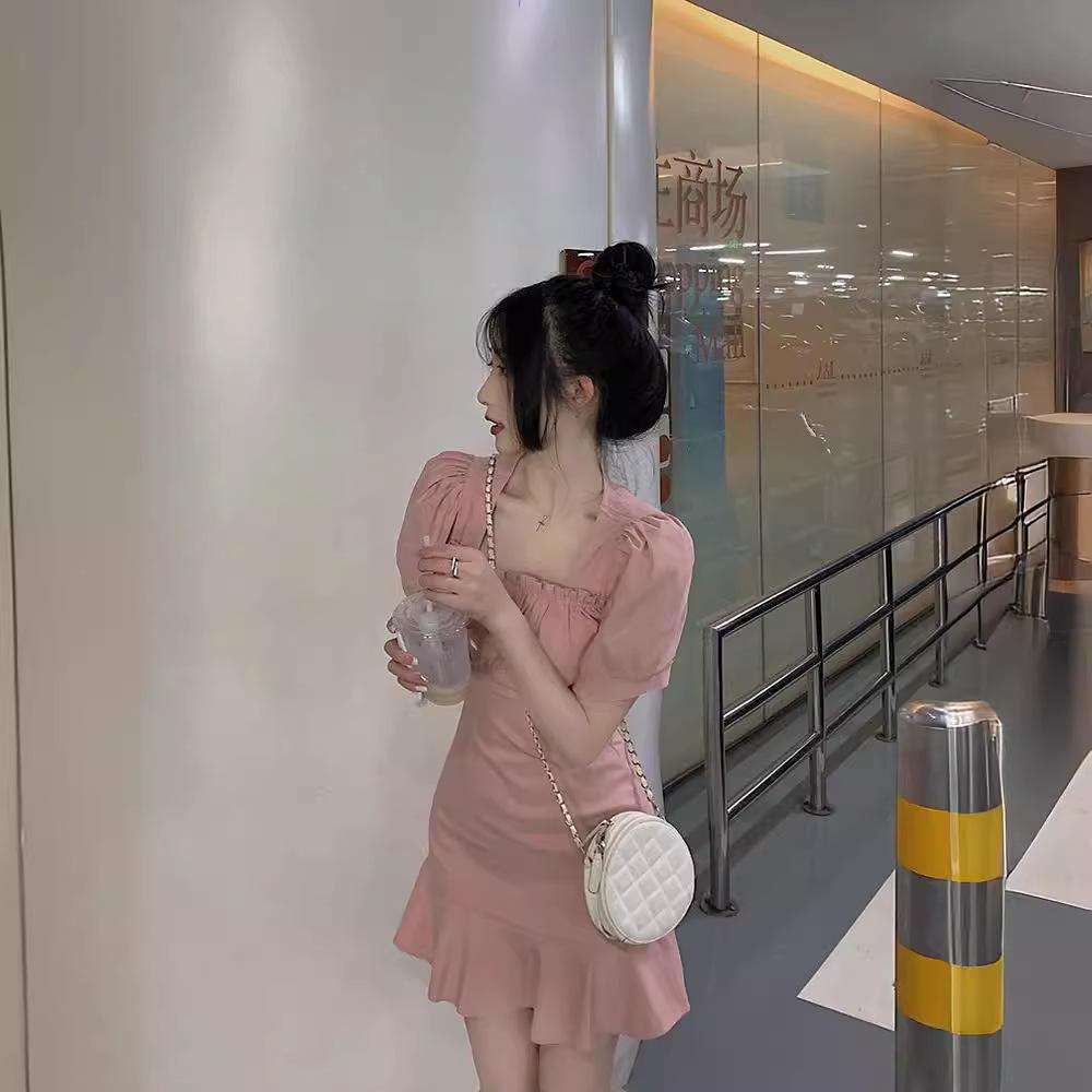 New Sweet Spice Girls Bubble Sleeves Pink Small Temperament Short Skirt Dress Women's Summer French First Love
