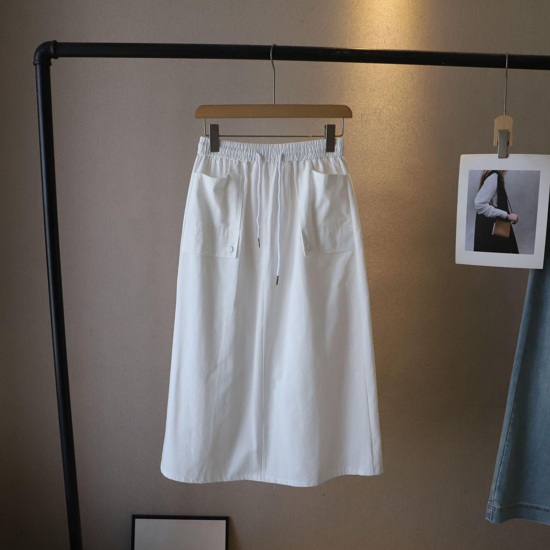 

Korean Style Elastic Waist Pocket Midi Skirt, 2025 Spring/Summer Collection Women s Workwear One Size белый