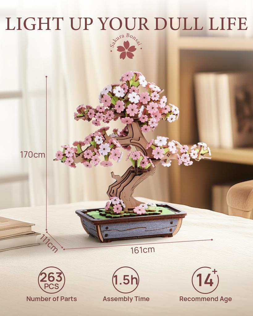 Robotime Rolife DIY Wooden Sakura Bonsai DIY Wooden 3D Puzzle Crafts Wooden Flower Gift for Mom Wife Friends