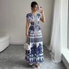 Blue and White Floral Print Short Sleeve Midi Dress with Tie Belt