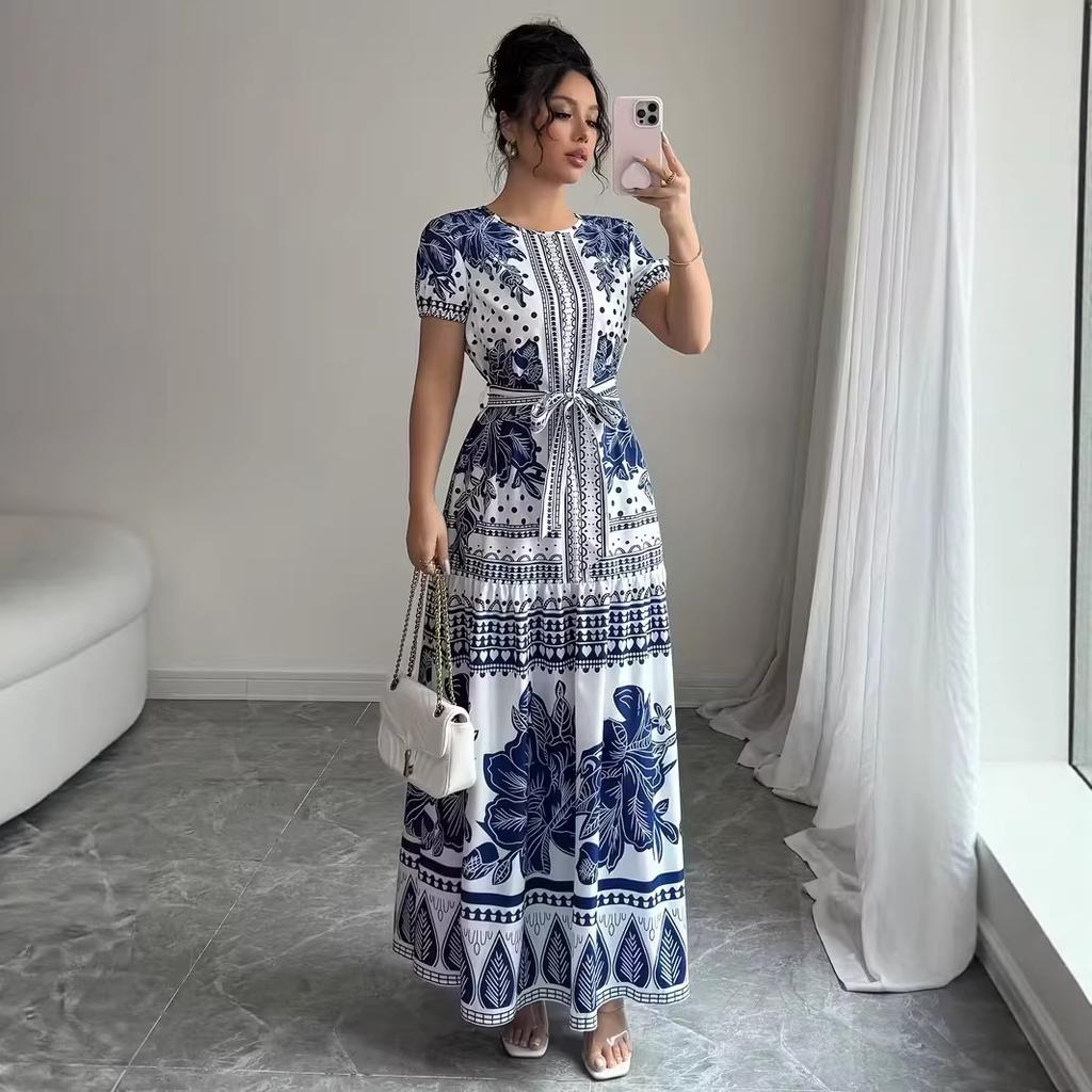 Blue and White Floral Print Short Sleeve Midi Dress with Tie Belt