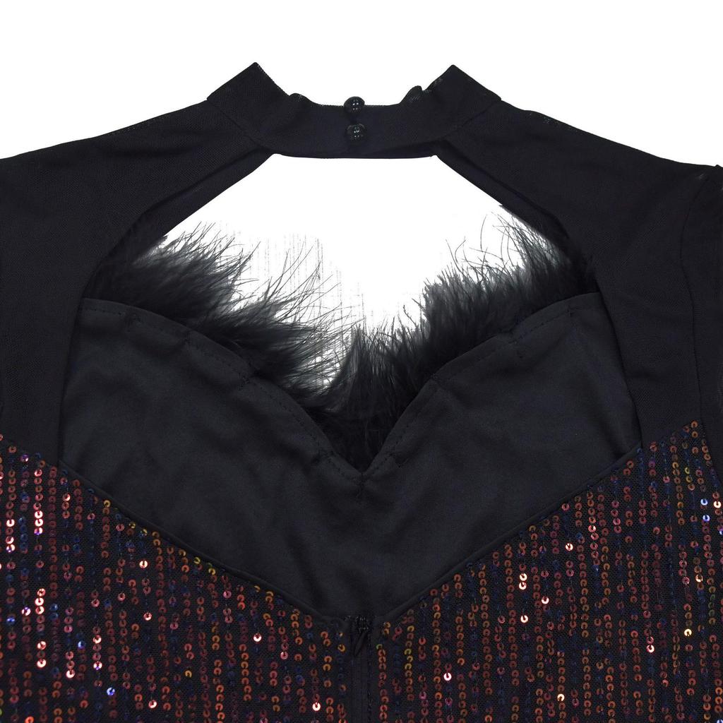 C7055 European & American Sequin Deep V Long Sleeve Mini Dress - Women's Fashion