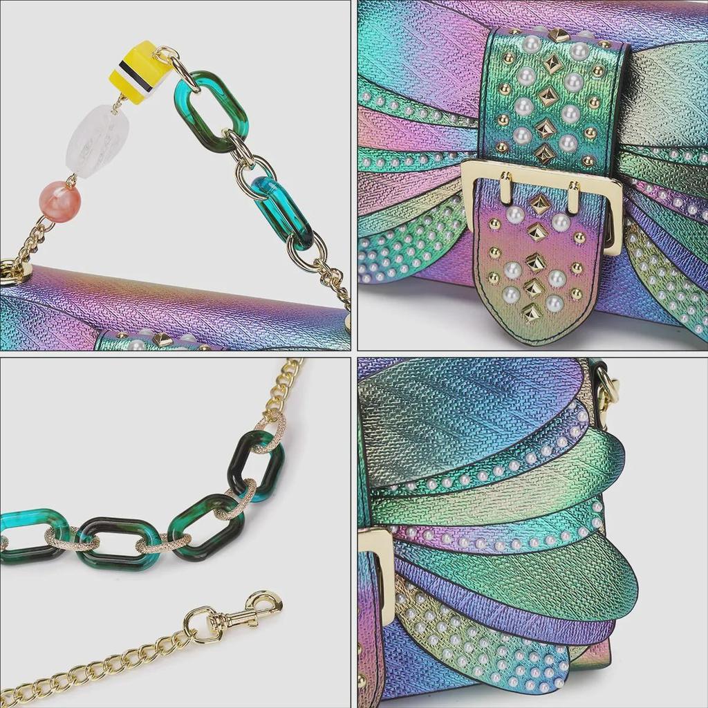 2024 Gradient Pearl Bag: Colorful Rivet, Dragonfly Wing Style, Leather Chain Shoulder and Evening Handbag