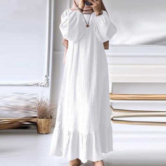 Women Dress Round Neck Puff Long Sleeve Loose Fit Maxi Dress with Layered Ruffle Hem Puff Sleeves Holiday Wear
