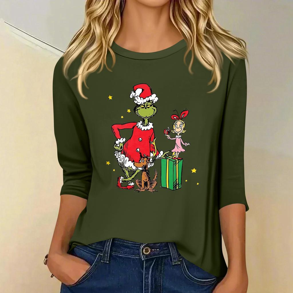3/4 Sleeve Tops For Women T-Shirt Casual Christmas Print Tops T Shirt Round Neck Pullover Blouse