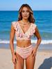 European & American V-neck Floral Split Swimsuit with Ruffle Tie