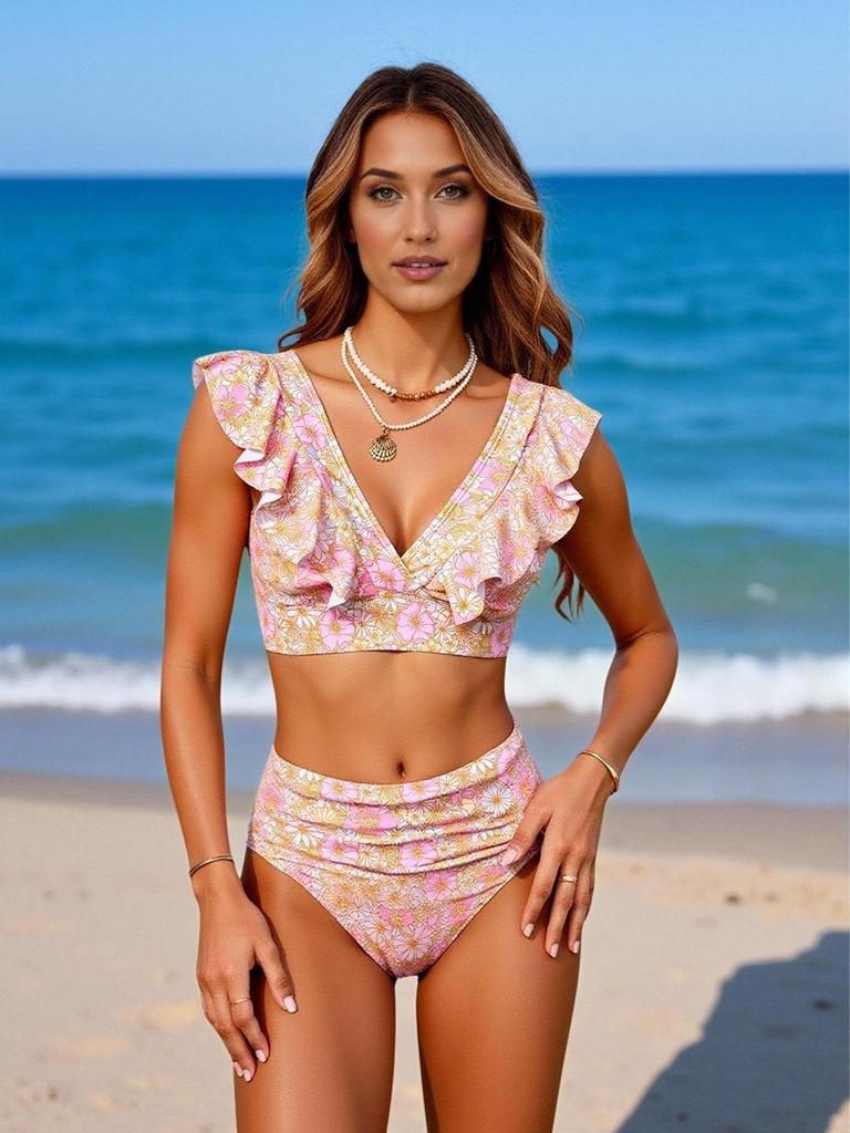 European & American V-neck Floral Split Swimsuit with Ruffle Tie