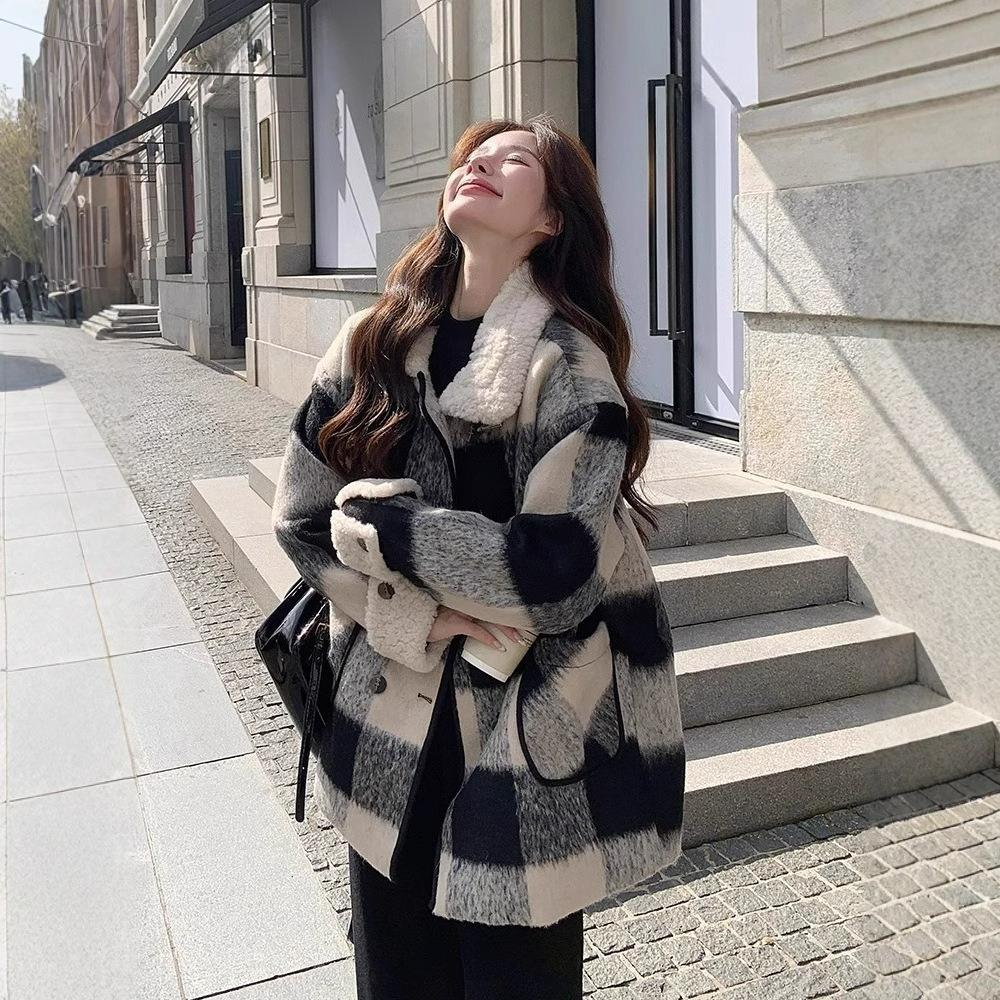 

Черно-белая клетчатая шерстяная женская куртка Зимняя стеганая подкладка Утолщенное шерстяное пальто Маленькое средней длины S чёрный