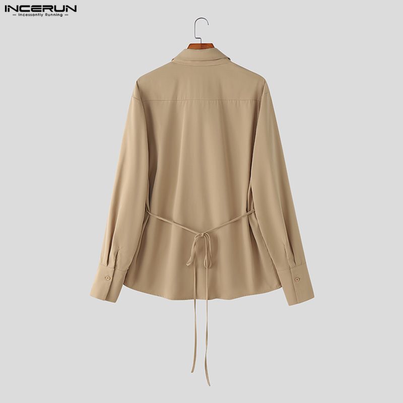INCERUN S-5XL Men Casual Lapel Neck Long Sleeve Lace-up Waist Loose Shirts Tops