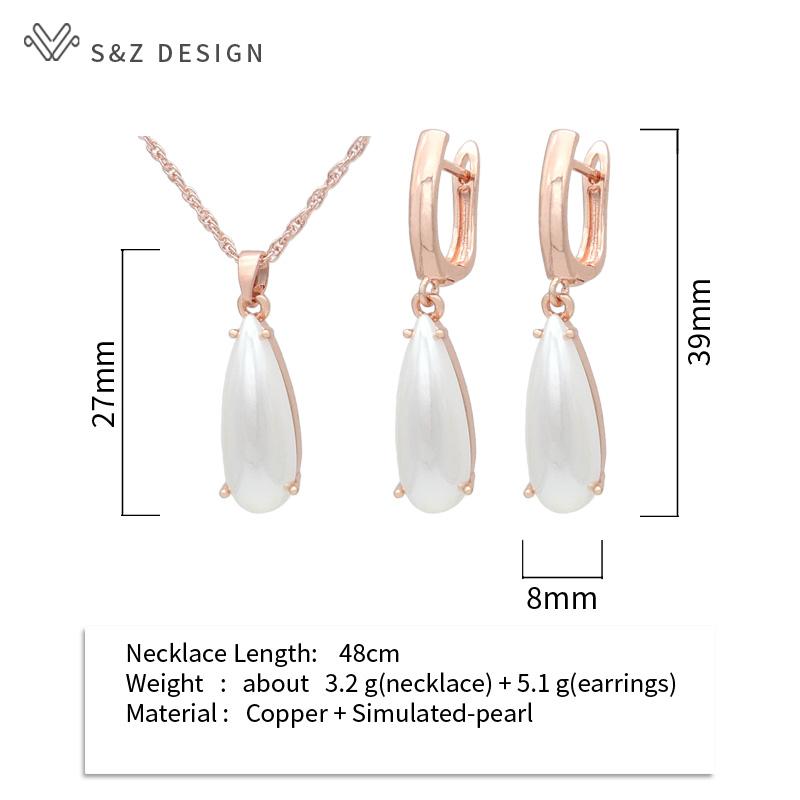 Fashion Water Drop Simulated-pearl Dangle Earrings Jewelry Sets For Women Wedding Rose Gold Color Pendant Necklace
