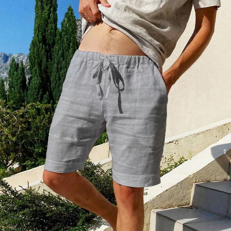 Summer Men's Cotton Linen Breathable Shorts Hawaii Beach Pants Male Solid Color Trousers Loose Versatile Streetwear