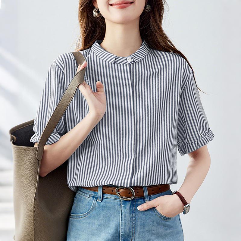 

ZANZEA Женская летняя повседневная блузка с отложным воротником, коротким рукавом и полосатым принтом тёмно-синий