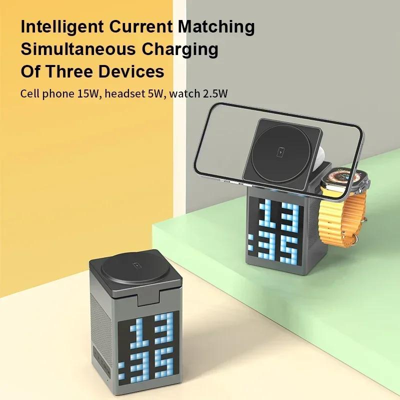 6 In 1 Magnetic Wireless Charger Stand Bluetooth Speaker Alarm Clock For Magsafe IPhone 16 15 14 Pro Max Airpods Pro Apple Watch