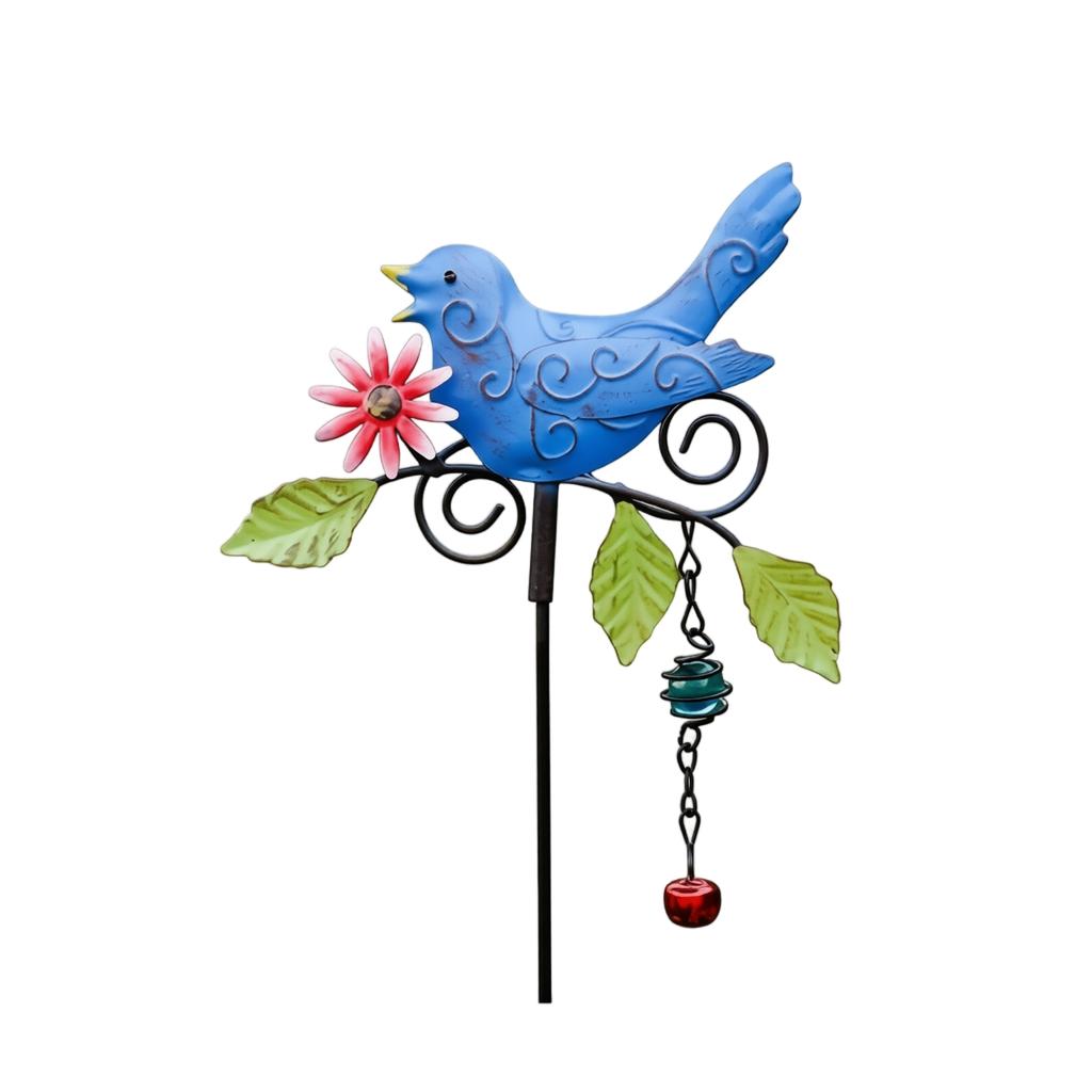 Metal Bird Wind Chime Garden Stake Outdoor Yard Decoration Patio Ornament with Hanging Bell and Floral Design