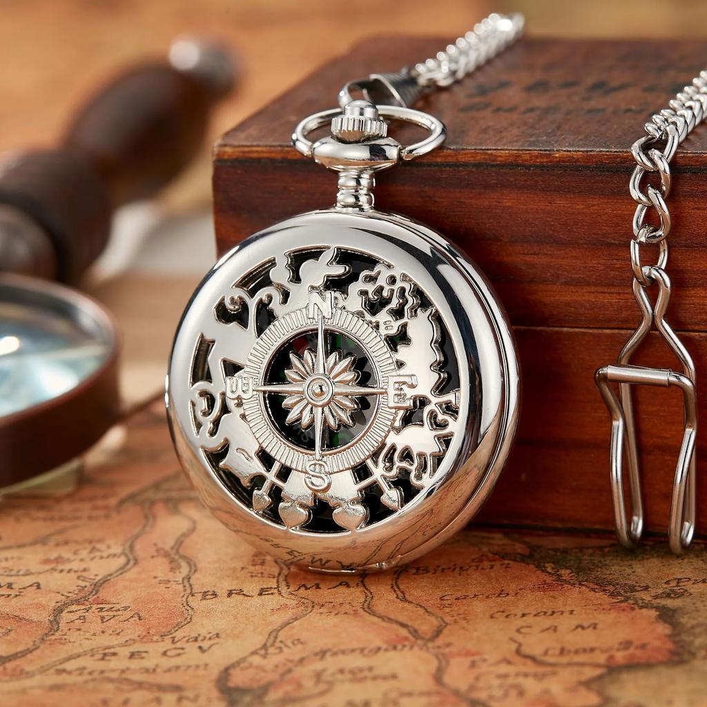 Creative Compass Pocket Watch Hollowed Out Classic Flip Compass Outdoor Hiking Chain Pendant Men Women Pocket Watch Reloj