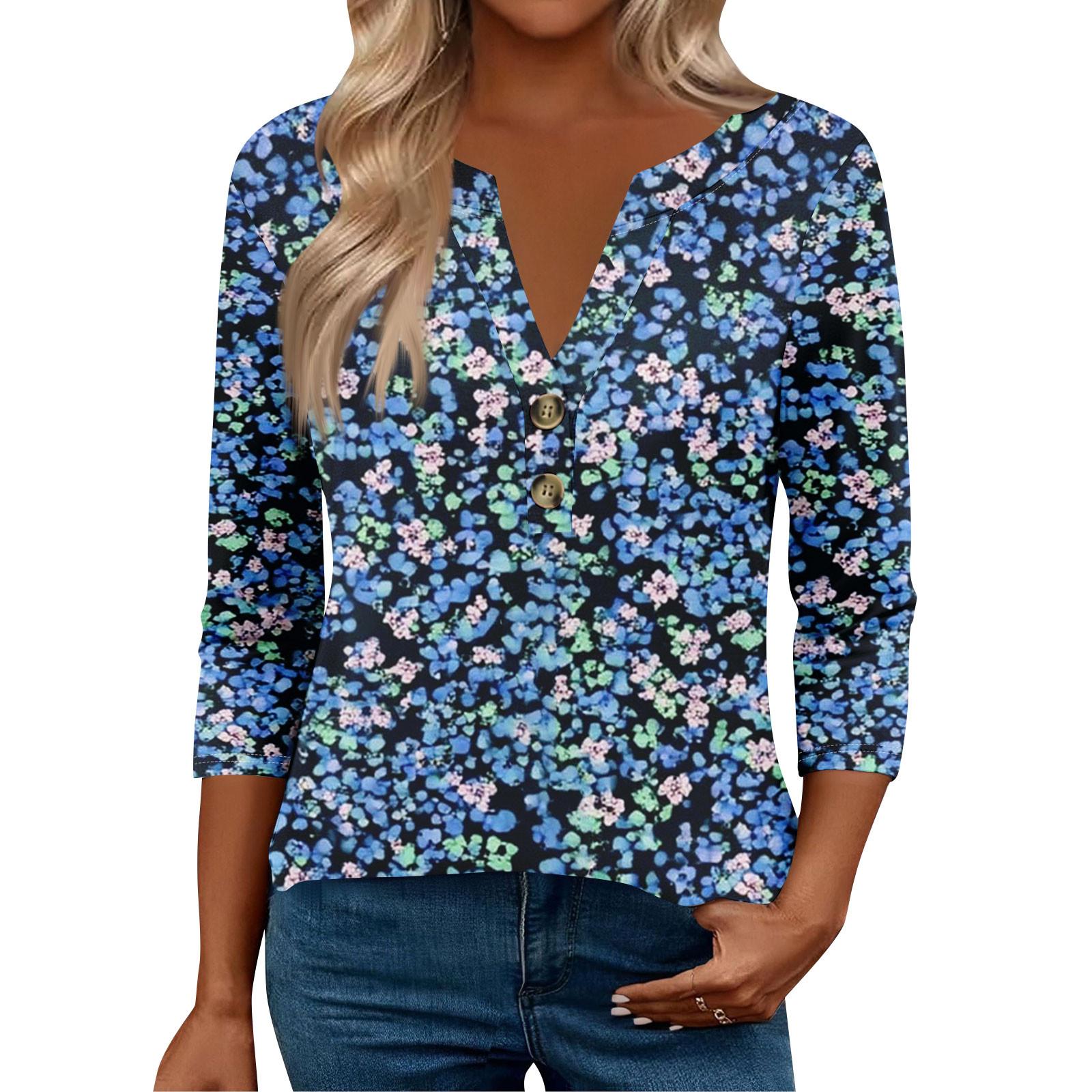 

Жіночі топи з рукавом 3/4 для жінок, топи хенлі на ґудзиках з V-подібним вирізом, ошатні літні жіночі топи вільного крою M